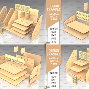 May include: A 3D model of a wooden display stand with multiple shelves. The stand is made of 4 mm thick material and is designed to be assembled. The design is shown in multiple views, with each piece labeled. The stand is 300 DPI and is available in SVG, DXF, PNG, and JPG formats.