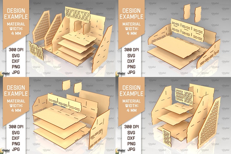 May include: A 3D model of a wooden display stand with multiple shelves. The stand is made of 4 mm thick material and is designed to be assembled. The design is shown in multiple views, with each piece labeled. The stand is 300 DPI and is available in SVG, DXF, PNG, and JPG formats.