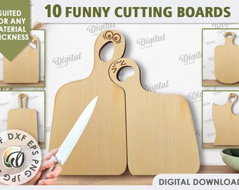 Può includere: Dieci modelli digitali di taglieri con facce divertenti. I modelli sono adatti a qualsiasi spessore di materiale. I formati di file inclusi sono SVG, PDF, DXF, EPS, JPG e PNG.