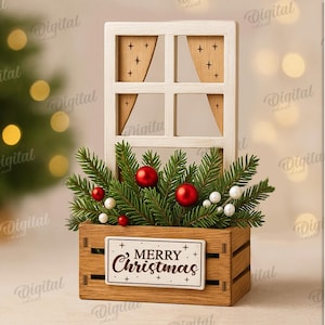 May include: A wooden Christmas decoration featuring a window frame with a festive arrangement. The window has a white frame and wooden curtains. A wooden crate holds evergreen branches, red and white ornaments, and a sign that reads "MERRY CHRISTMAS."