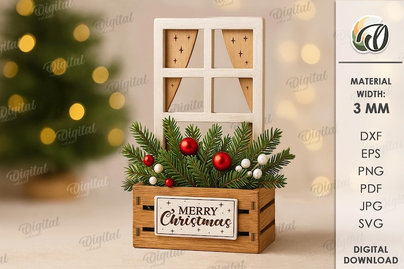 May include: A wooden Christmas decoration featuring a window frame with a festive arrangement. The window has a white frame and wooden curtains. A wooden crate holds evergreen branches, red and white ornaments, and a sign that reads "MERRY CHRISTMAS."