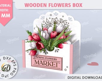 3D Flower gift box, mothers day gift laser cut, spring flowers market svg, rustic bouquet holder with handle, wooden storage basket, crate