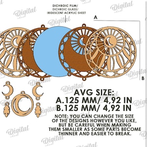 Peut inclure: &Eacute;l&eacute;ments de design d&eacute;coup&eacute;s au laser avec des formes c&eacute;lestes et g&eacute;om&eacute;triques, dont des lunes et des motifs circulaires. La taille moyenne est de 125 mm. Convient &agrave; toutes les &eacute;paisseurs de mat&eacute;riaux. T&eacute;l&eacute;chargement num&eacute;rique.