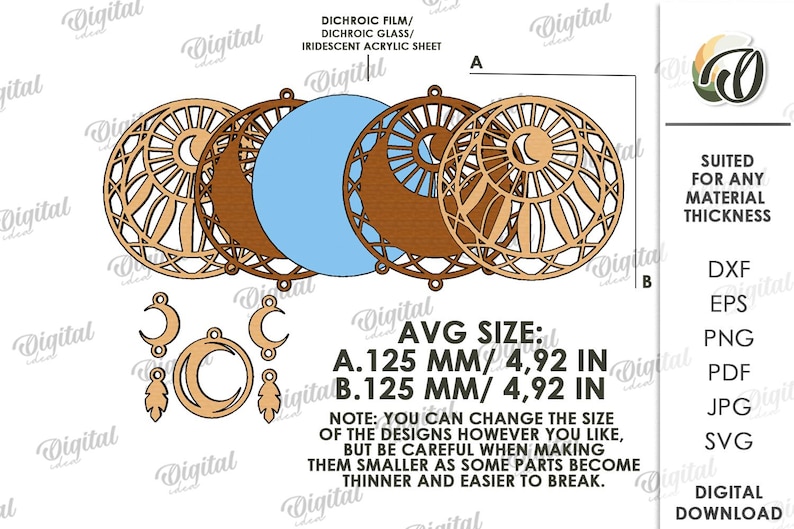 Peut inclure: &Eacute;l&eacute;ments de design d&eacute;coup&eacute;s au laser avec des formes c&eacute;lestes et g&eacute;om&eacute;triques, dont des lunes et des motifs circulaires. La taille moyenne est de 125 mm. Convient &agrave; toutes les &eacute;paisseurs de mat&eacute;riaux. T&eacute;l&eacute;chargement num&eacute;rique.
