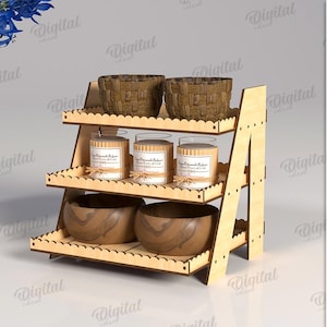 May include: A three-tiered wooden display shelf with decorative cut-out edges. The shelf holds two woven baskets, three glass jars with labels, and two wooden bowls. The material width is 3 mm.