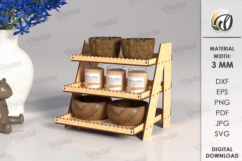May include: A three-tiered wooden display shelf with decorative cut-out edges. The shelf holds two woven baskets, three glass jars with labels, and two wooden bowls. The material width is 3 mm.
