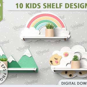 Paquete de estantes para niños en 3D, estante de madera cortado con láser, linda estantería de pared para bebés, estante de pared en capas svg, estante para plantas para dormitorio de niños, decoración de guardería