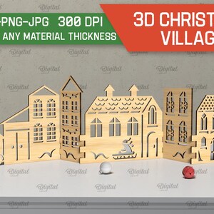 May include: A 3D Christmas village made of wood, with a car, a tree, and five houses. The houses are all different shapes and sizes, and they have windows and doors. The village is designed to be cut out and assembled.