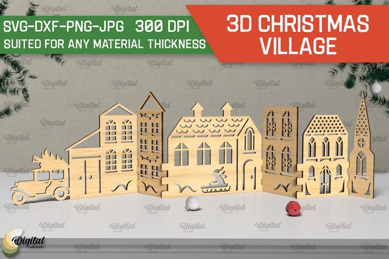 May include: A 3D Christmas village made of wood, with a car, a tree, and five houses. The houses are all different shapes and sizes, and they have windows and doors. The village is designed to be cut out and assembled.