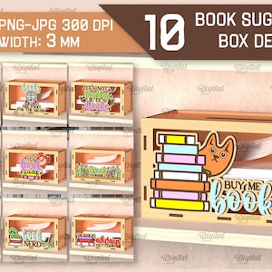 May include: Ten different designs for book suggestion boxes. Each box is made of wood and has a slot for inserting money. The boxes feature various book-themed designs, including a cat reading a stack of books, a stack of books with the text "Buy Me Books", and a book with the text "Reading is Magical".