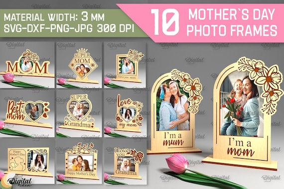 Mother's Day photo frames bundle, 3D picture frame laser cut, Happy Mother's Day svg, mom photo display gift, mother frame with stand svg