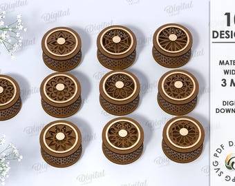 May include: Ten different designs for laser cut boxes. Each box is made of brown wood and has a decorative pattern on the lid. The boxes are 3 mm thick.