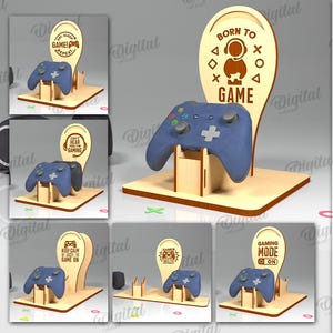 Peut inclure: Dix modèles de support de manette de jeu en bois découpé au laser. Le support est en bois de 4 mm d'épaisseur et présente une variété de motifs, notamment "Born to Game", "Keep Calm and Game On" et "Gaming Mode On".