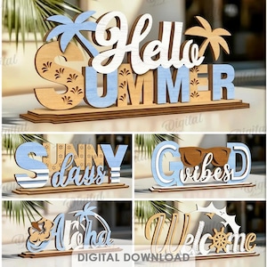 May include: Wooden summer-themed decorative signs in various designs. The signs feature phrases like "Hello Summer," "Sunny Days," and "Good Vibes." The signs are made of wood and have a 3 mm width. The image also shows the words "10 Designs."