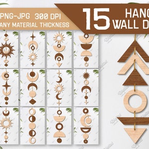 Puede incluir: Quince archivos de corte digital para decoración de pared colgante. Los diseños presentan formas geométricas en marrón y beige, incluyendo soles, lunas, estrellas y triángulos. Los archivos son adecuados para cualquier grosor de material y son de 300 DPI.