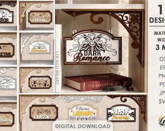 Conjunto de placas 3D para pendurar em estantes de livros, arquivos para corte a laser com temas de gêneros literários, placas personalizadas para bibliotecas, marcadores de leitura e gêneros, decoração para amantes de livros.