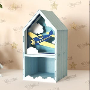Caja de casa para niños 3D, almacenamiento de juguetes para niños cortado con láser, plantilla de caja de madera para bebé, avión SVG, nubes, caja con forma de casa, organizador de escritorio