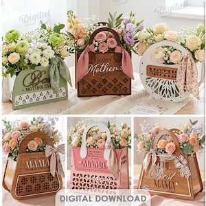 Pacchetto di borse 3D per la festa della mamma, file di taglio laser per cestini di fiori, borsetta in legno, citazioni per la festa della mamma in formato SVG, borsa boho da donna, confezione regalo alla moda