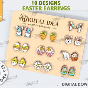 Könnte beinhalten: Zehn Designs von Ostern-thematischen Holzohrringen. Die Ohrringe zeigen eine Vielzahl von Designs, darunter Hasen, Karotten, Eier, Kreuze und Küken. Die Ohrringe sind alle in leuchtenden Farben gehalten und perfekt, um jedem Outfit einen Hauch von Frühling zu verleihen.