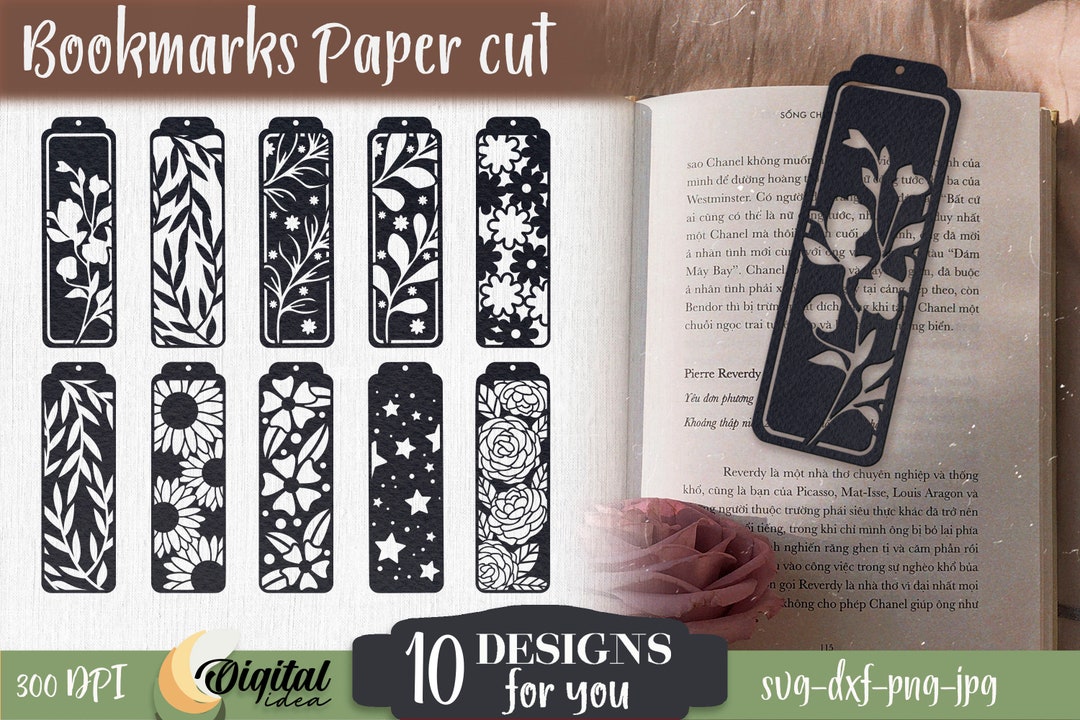10 Bookmarks Paper Cut SVG, Book Bookmark, Bookmark Flower SVG