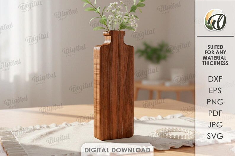 K&ouml;nnte beinhalten: Eine hohe, rechteckige Holzvase mit schmalem Hals, gef&uuml;llt mit wei&szlig;en Bl&uuml;ten und gr&uuml;nen Stielen. Die Vase ist aus dunkelbraunem Holz gefertigt und steht auf einem hellen Tisch. Der Text "DIGITAL DOWNLOAD" ist unten im Bild zu sehen.