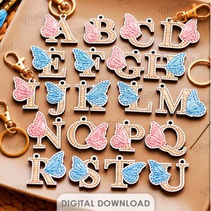3D-broderade monogramnyckelringar, laserskurna bokstavsnyckelringar, garnfjärilsnyckelring svg, fjärilsvinge, sömnad, trådad