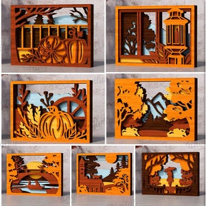 3D Autumn layered home decors bundle, multi-layered fall shadow box laser cut, wooden shelf sitter, stand svg, decorative nature scene