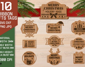 Kerstcadeau lint tags laserbundel, Kerst laser gesneden, huidige tag, cadeau label lasercut, lint tags, xmas citaten, vrolijk kerstfeest svg