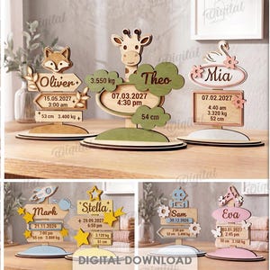 May include: A collection of ten laser-cut wooden birth announcement signs featuring various animal and object motifs like giraffes, foxes, and rockets. Each sign displays a name, date, time, length, and weight. Text includes 10 DESIGNS, MATERIAL WIDTH: 3 MM, DXF, EPS, PNG, PDF, JPG, SVG.