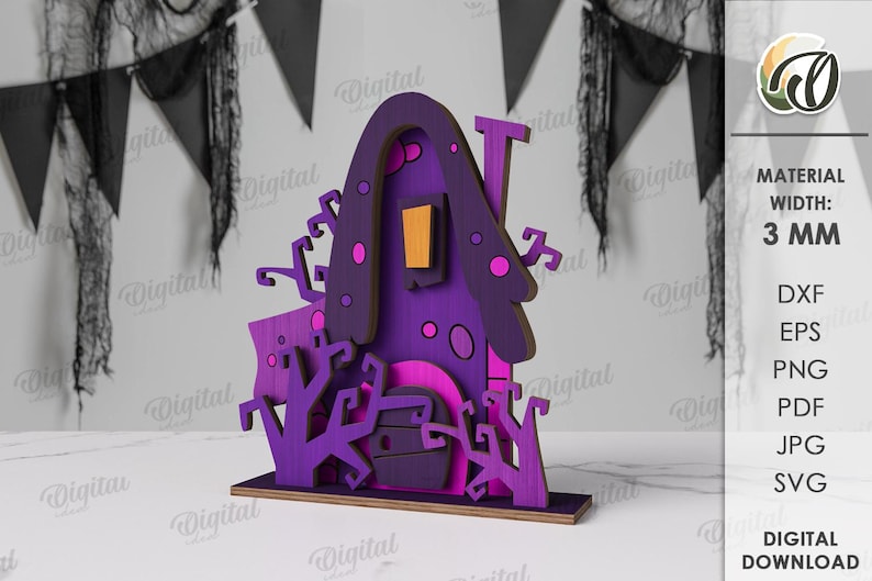 May include: A purple and pink Halloween-themed wooden house decoration. The house features a chimney, a door, and decorative trees. The window is orange. The material width is 3 mm. The house is on a wooden base.