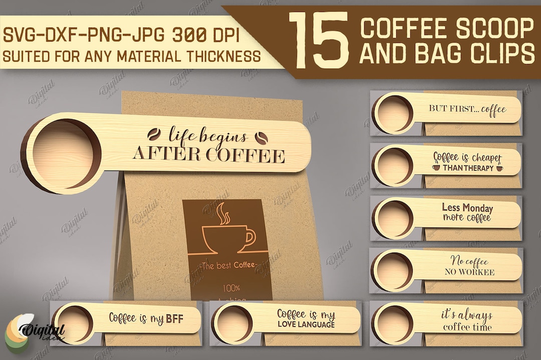 Coffee Scoop and Clip Bundle, 3D Coffee Scoops Laser Cut, Bag Clip