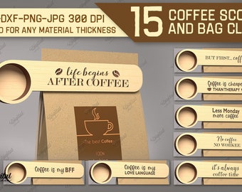 Koffieschep en clipbundel, 3D koffieschepjes lasergesneden, tasclip lasercut, koffielepel, koffiecitaten en gezegden svg, gelaagde lasergesneden