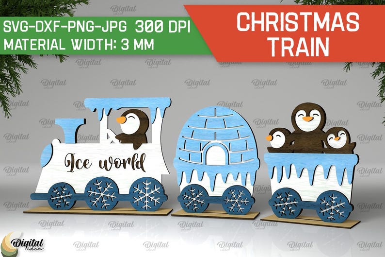 May include: A Christmas train with three cars, each decorated with a penguin and snowflakes. The first car is a blue and white engine with the words "Ice World" on the side. The second car is a blue and white igloo. The third car has three penguins on board.