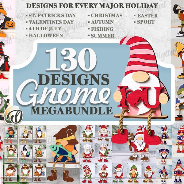 3D Gnome Laser cut Mega Bundle, 130 gnomes stand laser cut designs, all major holiday decor, Halloween, wooden shelf sitter, Christmas