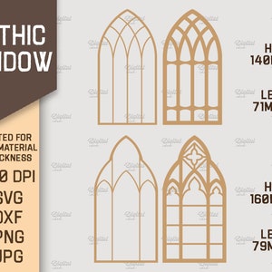 May include: Four different designs of gothic window frames in a brown outline. The largest window is 6.3 inches tall and 3.1 inches wide. The smallest window is 5.5 inches tall and 2.8 inches wide.  The text "Gothic Window" is at the top of the image.  The text "300 DPI" is in the lower left corner of the image.  The text "SVG, DXF, PNG, JPG" is below the text "300 DPI".
