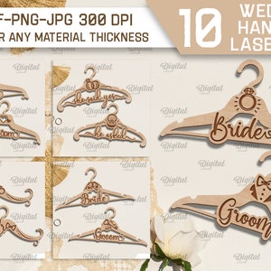Wedding hangers laser cut bundle, groom and bride hanger glowforge, wedding dress hanger svg, wedding quotes svg, wooden hanger template svg