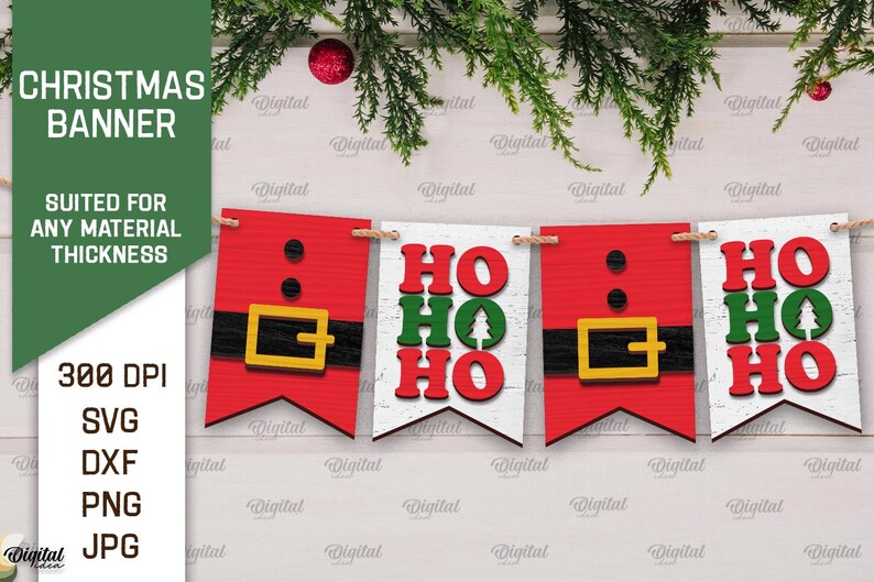 May include: A Christmas banner with red and white pennants. The pennants feature a Santa Claus belt design and the words "Ho Ho Ho" in red and green letters.