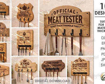 May include: A collection of ten wooden BBQ-themed signs with various designs and text, including "Grill Master," "BBQ Time," and "Official Meat Tester." Each sign has hooks for hanging grilling tools. The signs are suitable for any material thickness.