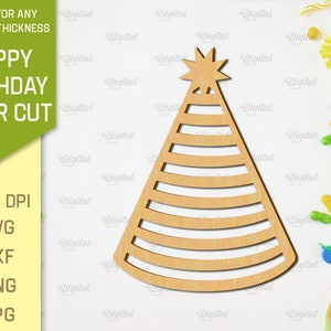 May include: A laser cut wooden party hat with a star on top. The hat is striped and has a light brown color. The image is surrounded by confetti and other party decorations.