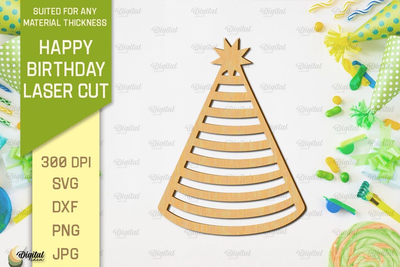 May include: A laser cut wooden party hat with a star on top. The hat is striped and has a light brown color. The image is surrounded by confetti and other party decorations.