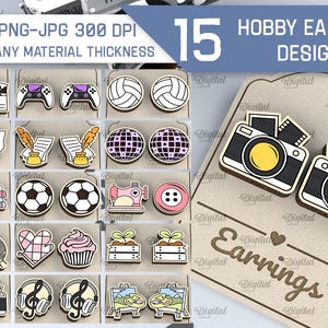 May include: A selection of 15 hobby earring designs, featuring cameras, film clapperboards, game controllers, footballs, and musical notes. The earrings are presented on a tan card with the word "Earrings". The image also includes the text "SVG-DXF-PNG-JPG 300 DPI".
