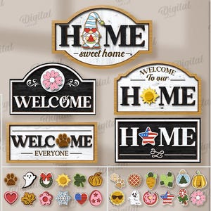 Peut inclure: Téléchargement numérique de cinq modèles de décoration intérieure, comprenant des panneaux de bienvenue et des éléments interchangeables. Les motifs présentent des gnomes, des empreintes de pattes et des icônes saisonnières. Les panneaux sont en noir, blanc et tons bois.