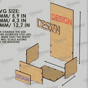May include: A 3D wooden design with the word "DESIGN" in red and natural wood. The average size is 5.9 inches, 4.3 inches, and 12.7 inches. The material width is 3 mm. Digital download available.