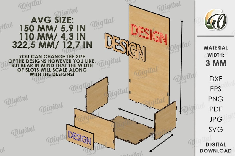 May include: A 3D wooden design with the word "DESIGN" in red and natural wood. The average size is 5.9 inches, 4.3 inches, and 12.7 inches. The material width is 3 mm. Digital download available.