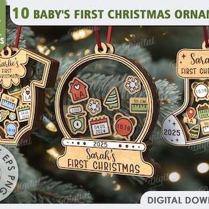 May include: Set of 10 digital download files for laser cutting baby's first Christmas ornaments. The ornaments are in the shape of a baby onesie, a snow globe, and a stocking. Each ornament features a personalised name, the year 2025, and various baby-related icons.