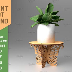 May include: A wooden plant pot stand with a butterfly design. The stand is 4 mm thick and is made for a 10 cm pot. The stand is shown with a white pot and a green plant.