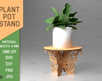 May include: A wooden plant pot stand with a butterfly design. The stand is 4 mm thick and is made for a 4-inch pot. The stand is shown with a white pot and a green plant.