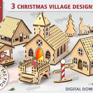 3D Christmas village designs bundle, Christmas scene stands laser cut, wooden decor svg, shelf sitter, 3D Xmas house model, church svg