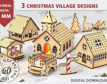 3D Christmas village designs bundle, Christmas scene stands laser cut, wooden decor svg, shelf sitter, 3D Xmas house model, church svg