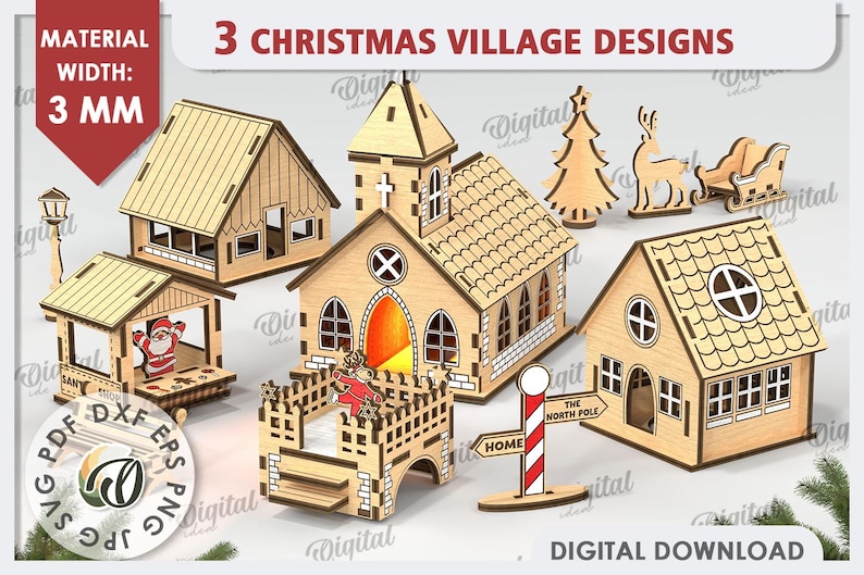 May include: Three laser cut Christmas village designs, including a church, a house, and a Santa's workshop. The designs are made of wood and are 3 mm thick. The designs are for digital download only.